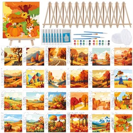 Tenceur 24 Pack Fall Pre Drawn Canvas for Painting Autumn Painting Canvas 6" x 6" Thanksgiving Predrawn Coloring Canvas Set for Adult Kid Maple Pumpkin Scarecrow Pre Stretched Canvas Board for Party