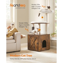 Feandrea Cat Tree with Litter Box Enclosure, 2-in-1 Modern Cat Tower, 52.8-Inch Cat Condo with Self Groomer, Scratching Posts, Washable Cushions, Rustic Brown UPCT115X01