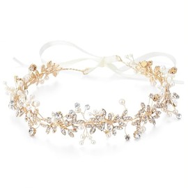 Hanfluenve Pearl Crystal Headpiece for Girls Princess Headband Trendy Leaf Tiara Bridesmaid Rhinestone Crown Fairy Dress Woman Hair Accessory for Wedding Engagement (gold1)