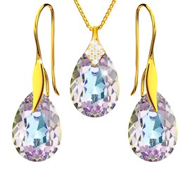 PANDA LUXURY JEWELLERY Jewellery Set for Women Earrings Gold-Plated Silver 925 Hanging Hook with Necklace Pear Crystals Stone 12 Birthstone Chain Women with Pendant Jewellery Girls, Sterling Silver