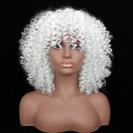 Colorfulpanda Afro Kinky White Women's Short Wavy Wigs Curls for Women Synthetic Natural Hair Wig with Fringe Natural Curly Wig