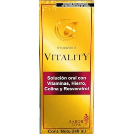 Vitality Solución Oral 240ml, Vitaminas + Hierro + Resveratrol, Antioxidantes Sabor Uva, Sin Azúcar, Cero Sodio, Bebida Funcional