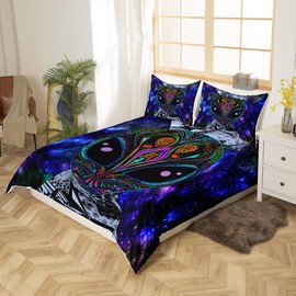 Trippy Alien Comforter Cover Set King Size Kids Boys Galaxy Hippie Graffiti Bedding Set Psychedelic Alien Outer Space Duvet Cover Purple Trippy Room Decor Bohemian Alien Bed Sets for Adults Men