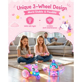 Nevzan Unicorn RC Stunt Tricycle for Girls, 3-Wheel Remote Control Motorcycle Toy with 360° Rotation & Double-Sided Driving, 2.4GHz Rechargeable LED RC Car Gift for Kids Girls Ages 3-9