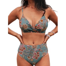 CUPSHE Bikini Sets for Women Two Piece Swimsuits High Waisted Twist Front Adjustable Spaghetti Straps V Neck Back,L Red Floral