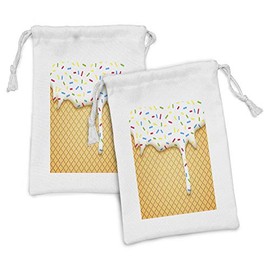 Ambesonne Food Fabric Pouch Set of 2, Cartoon Like Image of and Melting Ice Cream Cones Colored Sprinkles Print, Small Drawstring Bag for Toiletries Masks and Favors, 9" x 6", Multicolor