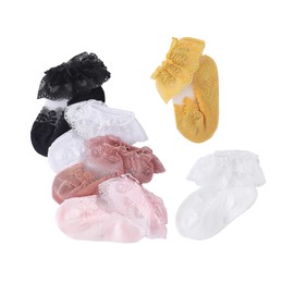 CHUNG Baby Toddler Girls Lace Trimmed Princess Ankle Socks Cotton Mesh Crew Socks Ruffles Pack of 6, Crystal, 1-3Y