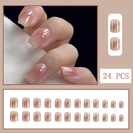 Nude Gradient Press on Nails Medium Ballerina Fake Nails French Solid Color false Nails Full Cover Gradien Glossy Reusable Artificial Acrylic Nails for Women and Girls DIY Manicure Decoration 24Pcs
