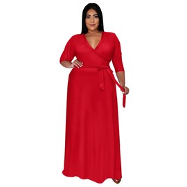 Formal Dresses for Women Plus Size 3/4 Sleeve Floral Printed Wrap Dress Pocket Spring - Red 2XL
