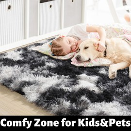 Amdrebio Black White Grey Area Rug for Bedroom,Fluffy Modern Rug for Living Room,Furry Plush Rugs for Kids Room,Shaggy Throw Rug for Teen Boy Men,Aesthetic Cool Rugs for Dorm,4x6 Rug,Floor Carpet