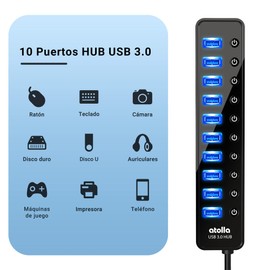 atolla Hub USB 3.0, 10 Puertos Multi USB 3.0 Hub con Interruptor de On/Off Individual y 12V / 2.5A Adaptador de Corriente Extension USB para Mac, Windows, Chrome y Linux OS