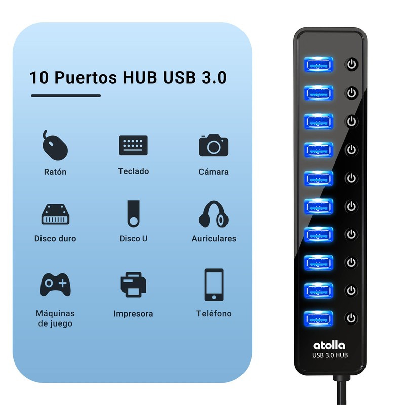 atolla Hub USB 3.0, 10 Puertos Multi USB 3.0 Hub