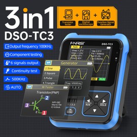 FNIRSI DSO-TC3 Oscilloscope - 3-in-1 Handheld Oscilloscope & DDS Signal Generator & Transistor Tester, 500Khz Bandwidth 10MSa/s Sampling Rate, 6 Types of Waveforms, Transistors Measure