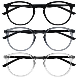 OPULIZE MET Blue Light Filter Reading Glasses for Men and Women - Pack of 3 - Round Glasses - Anti-Glare UV400 Protection - Spring Hinges - Anti-Fatigue - Black Transparent Grey Clear +1.00