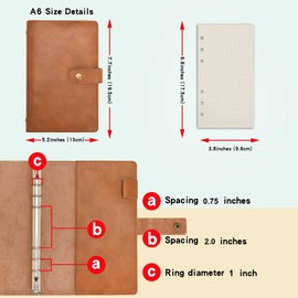 Wonderpool A6 Leather Notebook Refillable 6 Ring Binder Diary Portfolio – Polka Dot Paper & Inner Pockets Organiser for Men and Women (Brown, A6)