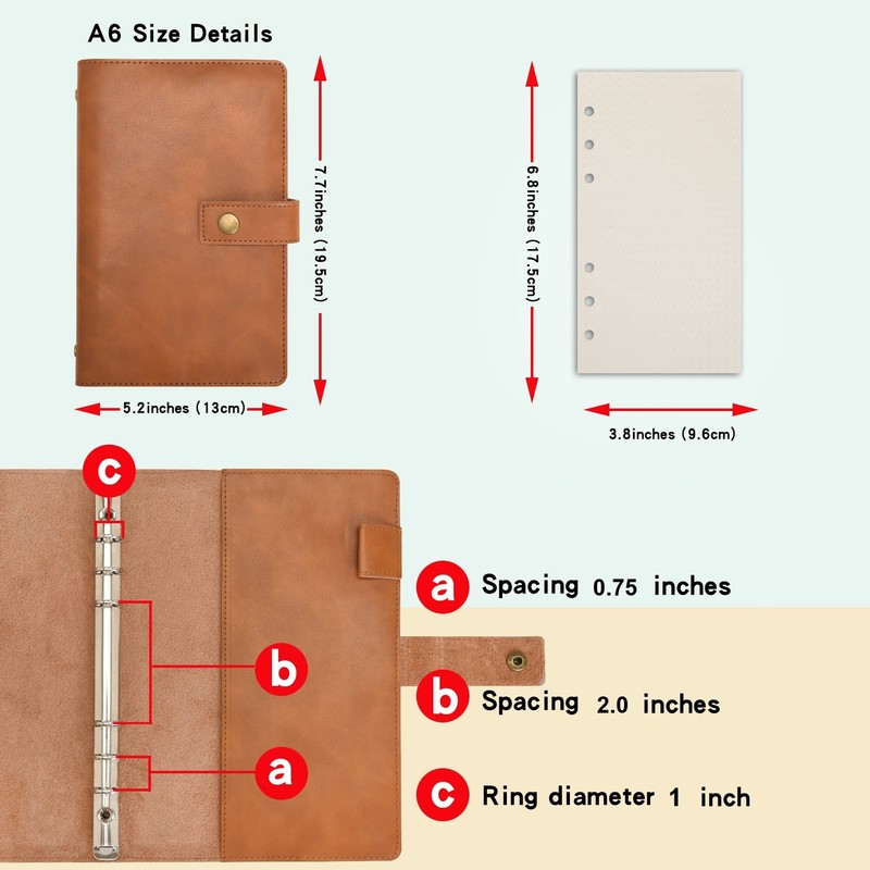 Wonderpool A6 Leather Notebook Refillable 6 Ring Binder Diary Portfolio