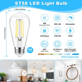 ASOMST Vintage LED Edison Bulbs Dimmable, ST58 Filament Light Bulb 850 Lumens, 6W Equivalent 60W, Daylight White 5000K, E26 Base, Pack of 6