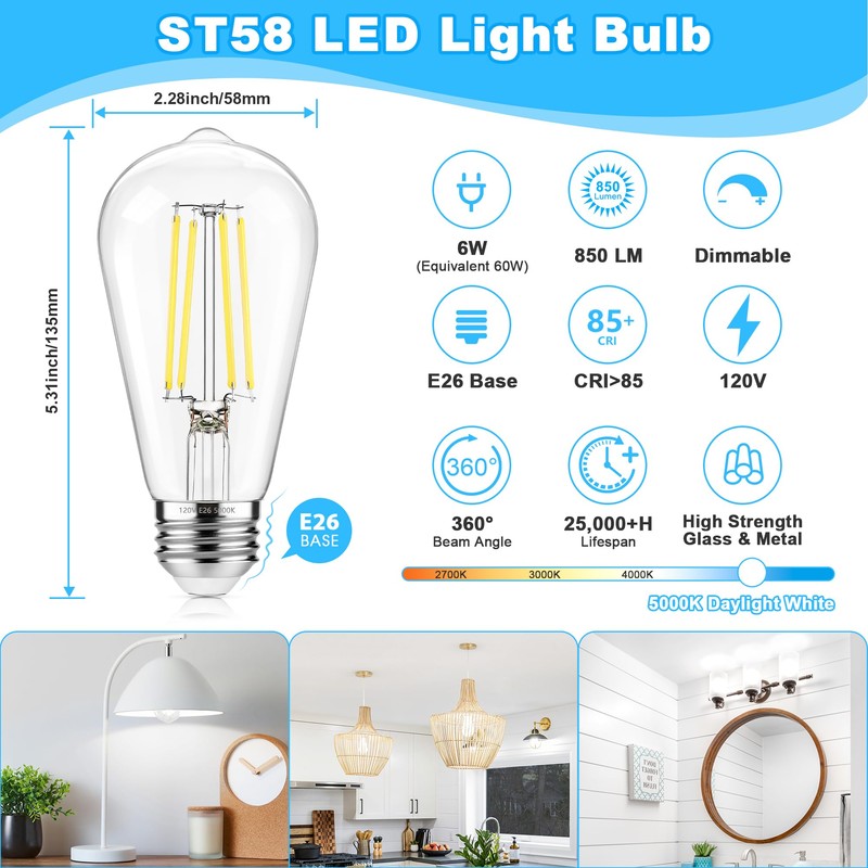 ASOMST Vintage LED Edison Bulbs Dimmable, ST58 Filament Light Bulb