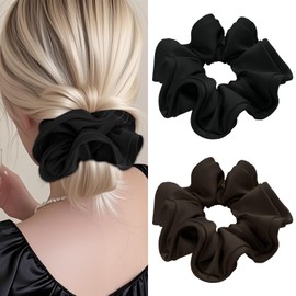 PUSCOBSY Satin Scrunchies for Women, Soft Hair Friendly Hair Bobbles without Hair Breakage, Large Scrunchie for Thick and Thin Hair, Pack of 2 Black Brown
