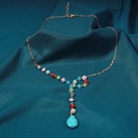 Aneneiceera Boho Turquoise Pendant Necklace Gold Choker Chain Vertical Y Colourful Pearl Necklace Bohemian Necklace Jewellery for Women and Girls, Metal, Turquoise