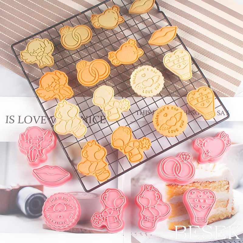BESEK Valentine's Day Cookie Cutters: With Plunger Stamps Set, 8