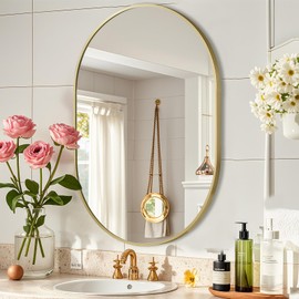 JENBELY Gold Oval Mirror, 17x30 Inch Pill Shaped Metal Frame Mirror, Oval Bathroom Mirrors for Over Sink, Wall-Mounted Mirrors for Hallway,Living Room, Fireplace