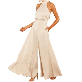 Women Plain Satin Jumpsuit Elegant Summer Halter Off Shoulder Jumpsuit Wide Leg Romper, White