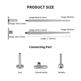 FINE4U 2PCS Piercing Taper 16G 14G Screw on - ASTM F136 Titanium Implant Grade Taper for Internally Threaded Labret Bar Piercing Tools(1.2mm/1.6mm)