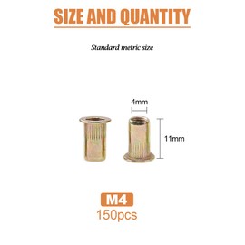 Keadic 150Pcs M4 Rivet Nuts Metric Zinc Plated Rivet Nut Carbon Steel Rivet Nut Flat Head Threaded Insert Kit Threaded Rivet Insert Nutsert Rivnuts Kit for Furniture