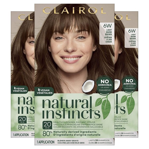 Clairol Natural Instincts Semi-Permanent Hair Dye, 6W Light Warm Brown Hair Color, 3 Count
