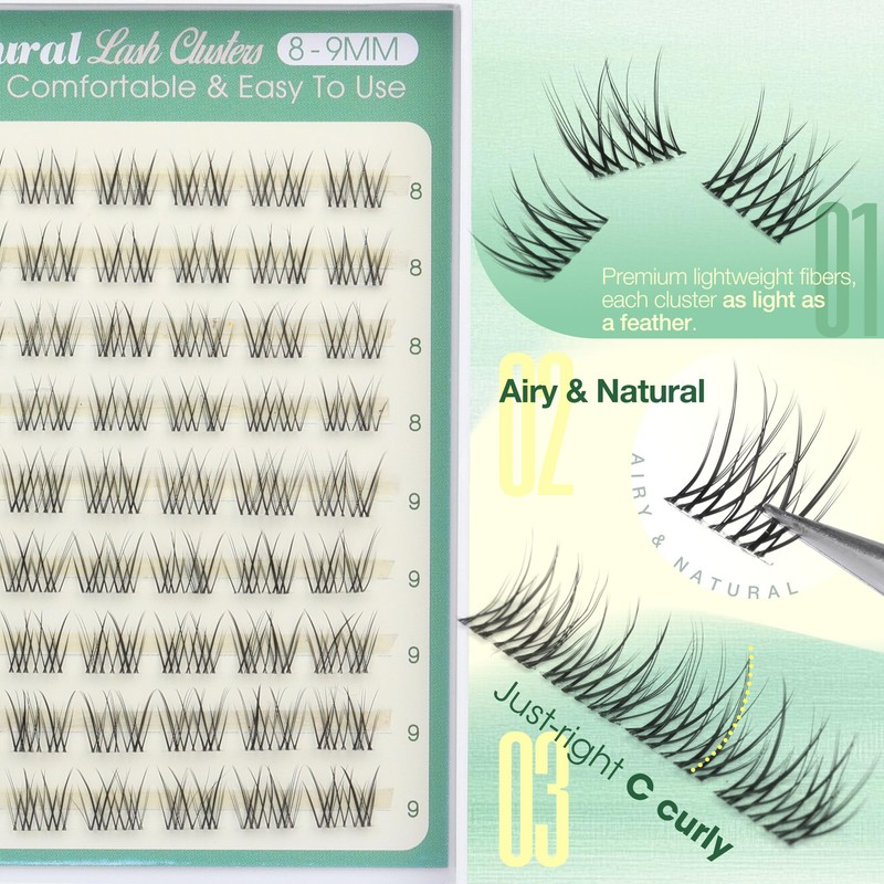 Short Lash Clusters 8-9MM Natural Eyelash Clusters Invisible Band Cluster