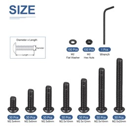 DTGN 410Pcs M2.5 Button Head Socket Cap Screws - Carbon Steel Full Thread 4/6/8/10/12/16/20mm Bolt Nut Set Washer Assortment Kit & Wrench - Good for Machine, Furniture