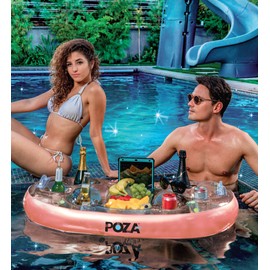 POZA Inflatable Rose Gold Floating Cooler - Luxurious Drink Holder Filled with Sparkly Confetti, Party Float with 8 Holders, Serving Bar for Beach, Lake, Pool - 39x23 Inch