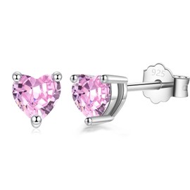 Silver Stud Earrings for Women Girls, Sterling Silver Pink Cubic Zirconia Small Stud Earrings Hypoallergenic Faux Heart Diamond Studs Sleeper Earrings for Her Birthday Christmas Gifts, 6mm