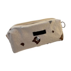 Lovely Embroidery Pattern Pencil Case Cotton Cloth Pen Bag Multipurpose Large Capacity Pencil Case for Girls Students Beige