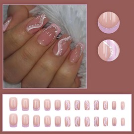 Mkwntg Pink French Tip Press on Nails Medium Square Fake Nails Glossy Glitter Wavy Stripe False Nails Reusable Full Cover Glue on Nails Pink White Stripes Design Stick on Nails for Women Girls 24Pcs