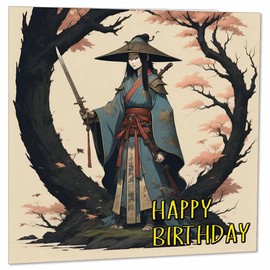 Anime Samurai Birthday Card - japanese Woman Saumarai Girl 145 x 145mm