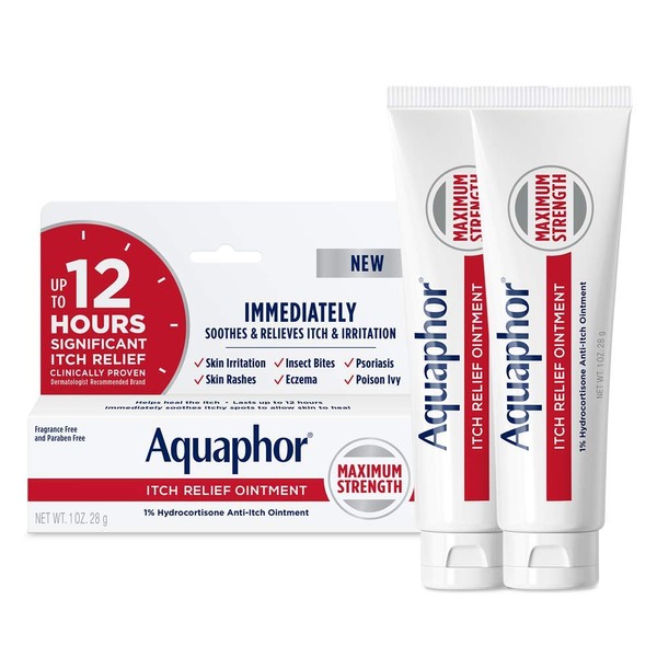 Aquaphor Itch Relief Ointment, 1% Hydrocortisone Anti Itch Skin Ointment, 1 Ounce (Pack of 2)