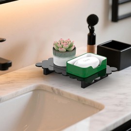 LUGUNU Acrylic Bathroom Counter Organizer Tray, 8.9x5.8 Inch Black Scalloped Soap Dish with Non-Slip Base & Drain Holes, Decorative Tray Thickened Waterproof Holder for Bathroom, Sink, Countertop