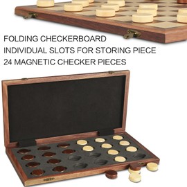OUMODA Walnut 15" Magnetic Checkers Board Game Set - Folding Wooden 8x8 Chessboard with 24 Interlocking Pieces, Storage Slots - Family Strategy Game for Beginners & Kids Adults