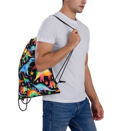 Richugui Retro 80s Drawstring Backpack Dinosaur Drawstring Bags Sports Gym Bag For Women Men Backpacks Swim Bag For Beach