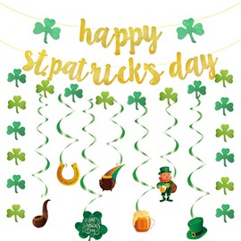 St Patricks Day Decorations,Happy St Patricks Day Banner with Spiral Hanging Decorations 9PCS,Shamrocks Irish Bunting for St Patricks Paddys Irish Day Party Decoration
