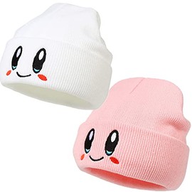 LANLYLGQ 2 x Beanie Kirby Hat Winter Hat Unisex Men Women Girls Boys Warm Hat Knitted Hat, Pink and white