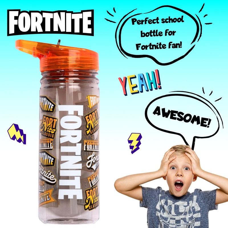 Fortnite Water Bottle with Straw, 580 ml, 100% Leak-Proof, Durable,