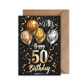WBdesignz 50th Birthday Card with Envelope - Elegant Birthday Card for 50 Years Happy Birthday Black Gold Balloons 50th Birthday (A6)
