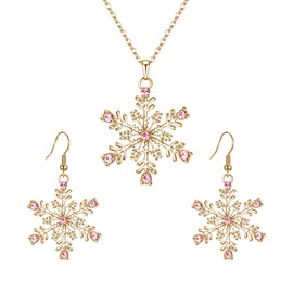 Ever Faith Winter Snowflake Necklace Earrings Set, Rhinestone Crystal Snowflake Jewelry Set Pink