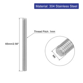QUARKZMAN 8 Pieces Threaded Rods, M6 x 65 mm, 304 Stainless Steel, Threaded Rod with Metric Full Thread, M6-1 Threaded Screw for Furniture and Machine Assembly