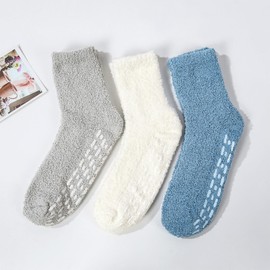 Zando Women's Fuzzy Socks With Grips - Non Skid, Gripper Socks for Women - 3 Blue/Grey/White One Size