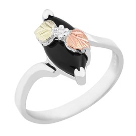 Slim-Profile Marquise Onyx Bypass Ring, Sterling Silver, 12k Green and Rose Gold Black Hills Gold Motif, Size 7