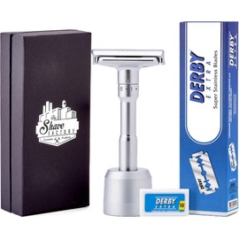 The Shave Factory Adjustable Safety Razor with Double Edge Safety Razor Blades | Traditional Shaving Set for Wet Shaving Enthusiasts (200 Derby Extra Razor Blades, Platinum)
